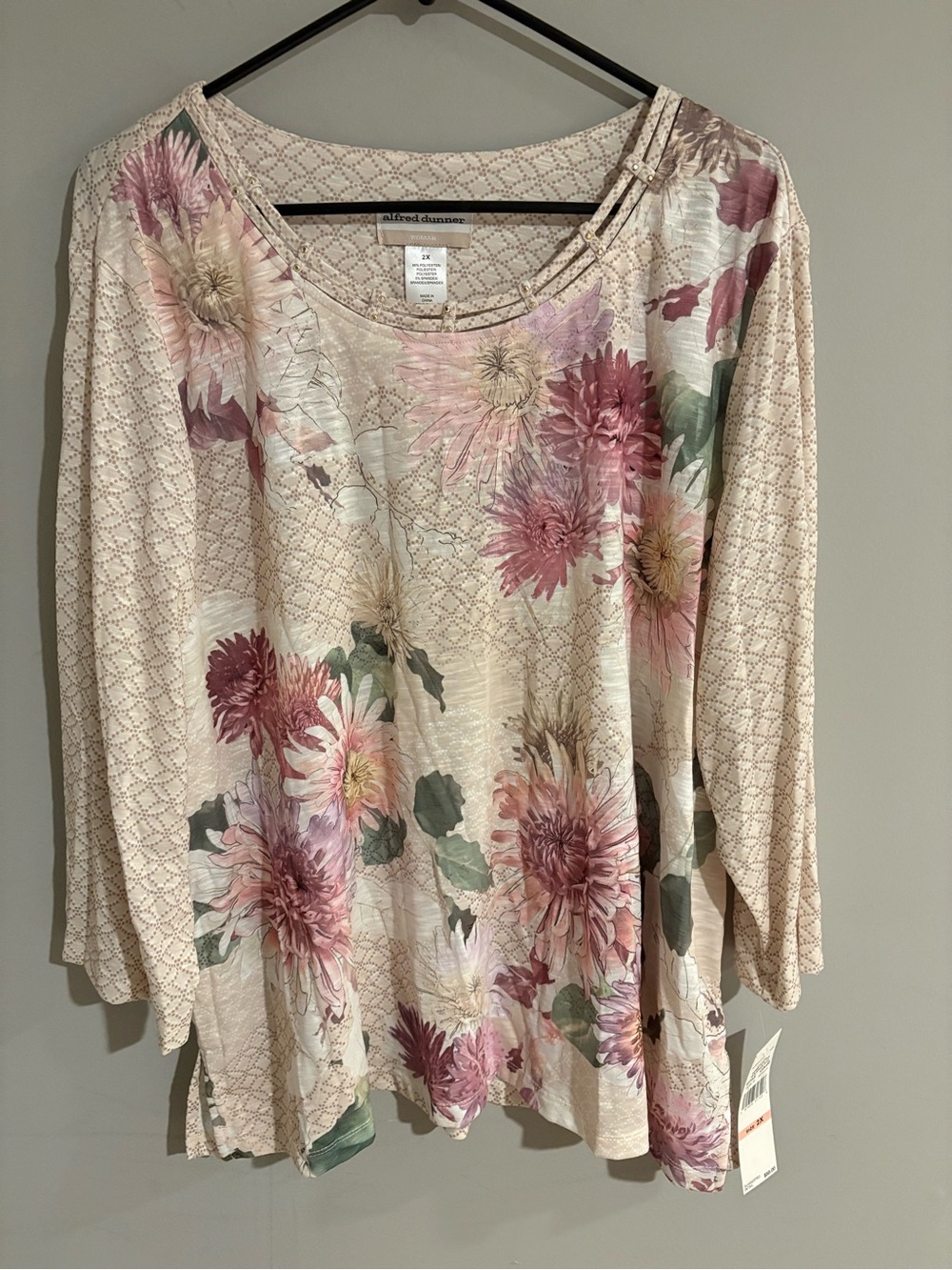 Alfred Dunner Floral Blouse Women’s 2X NWT Embellished 3/4 Sleeve Top